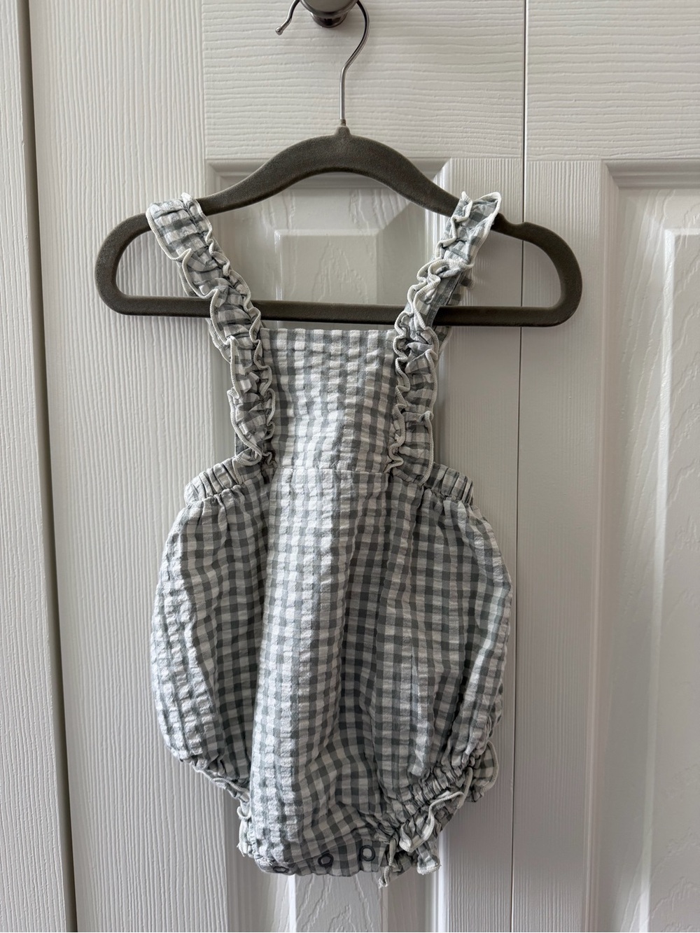 Rylee + Cru Sage Green Gingham Ruffle-Shoulder Bubble Romper